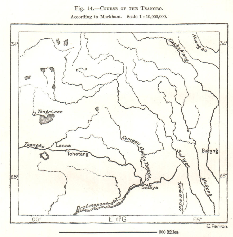 Course of the Yarlung Tsangpo according to Markham. Tibet. Sketch map 1885